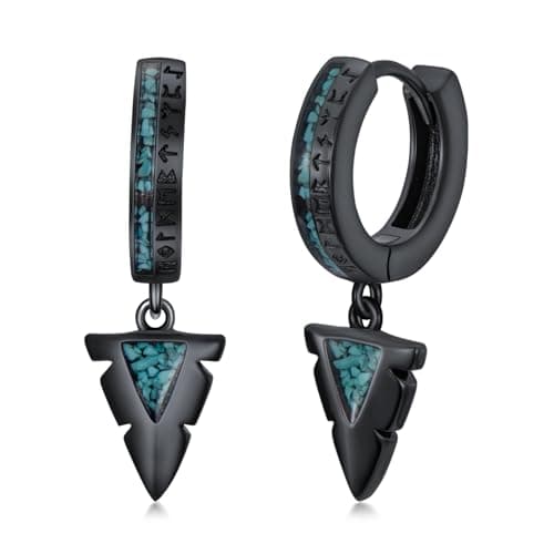 YYmqmq Gothic Punk Black Viking Runes Spike Earrings for Man 925 Silver