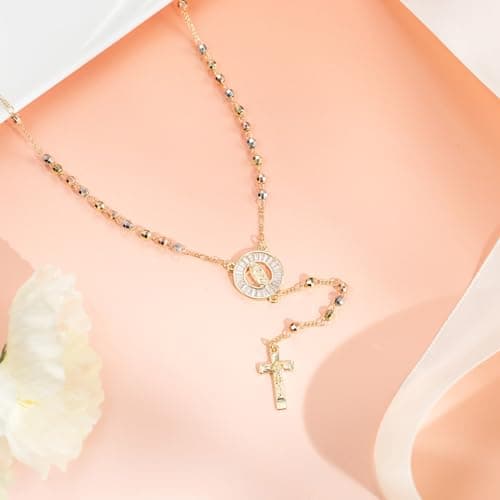 HZMAN 14K Gold Plated Virgin Mary & St. Benedict Rosary Necklace - Dainty Christian Jewelry Gift for Women