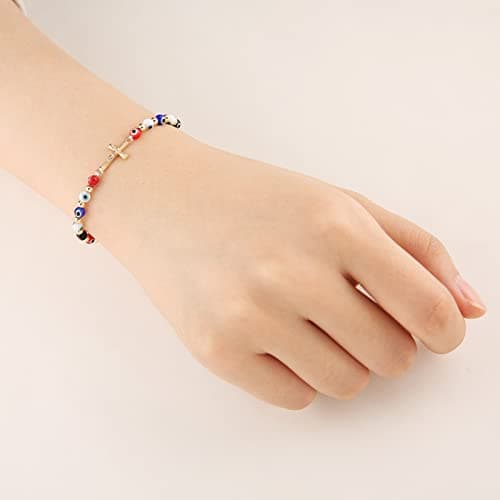 Evil Eye Bracelet with Jesus Crucifix Cross, 14K Gold Plated Stretch Bracelet