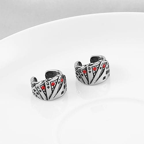 Stainless Steel Playing Card Ear Cuff Earrings for Men and Women - No Piercing Clip On Poker Earring