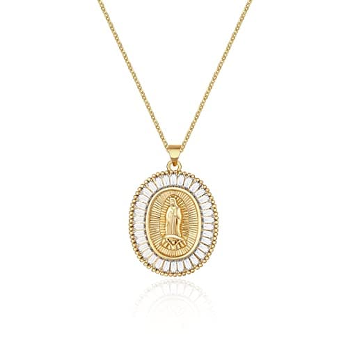 Gold Plated Virgin Mary Necklace for Women with Cubic Zirconia Halo