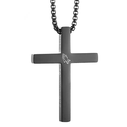 KouGeMou Cross Necklace with 22" Chain - Stainless Steel Religious Faith Jewelry