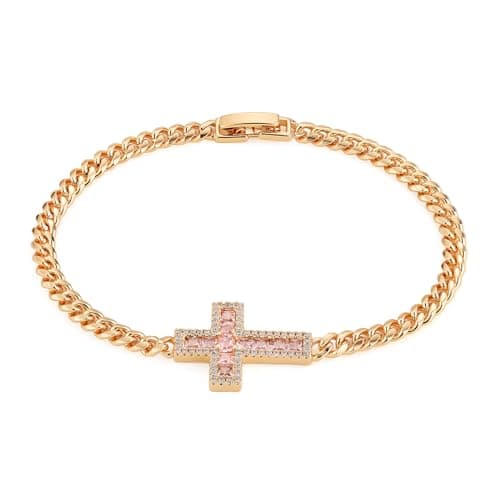 14K Rose Gold Plated CZ Cross Bracelet for Women
