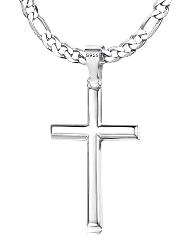 MILACOLATO Sterling Silver Cross Necklace, 5mm Stainless Steel Chain, Men & Women, 16-30 Inches