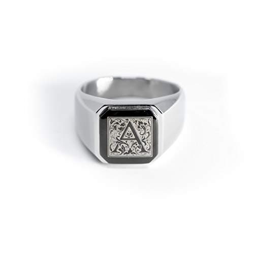 Tioneer Stainless Steel Letter Ring | Square Flat Top Men's & Women's Jewelry (Black, Gold, Silver) Size 7-16