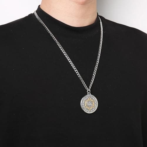 HZMAN Men's Stainless Steel Seal of Solomon Necklace - Retro Hexagram Talisman Pendant Gift