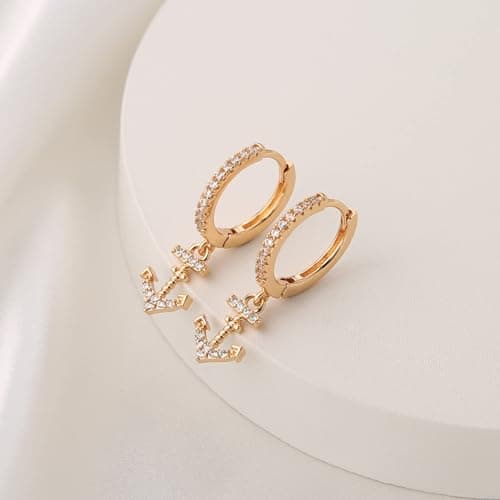 HZMAN 14K Gold Plated Cubic Zirconia Nautical Anchor Earrings for Women