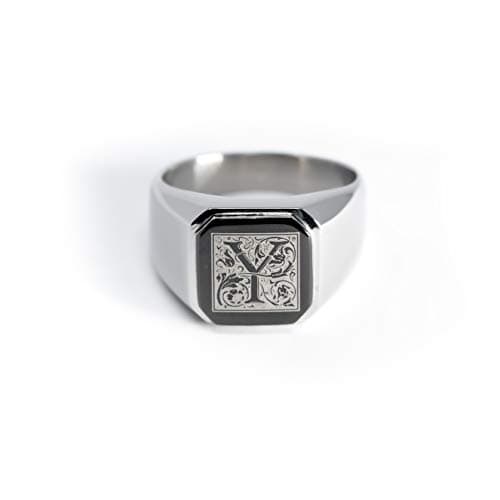 Tioneer Stainless Steel Letter Ring | Square Flat Top Men's & Women's Jewelry (Black, Gold, Silver) Size 7-16