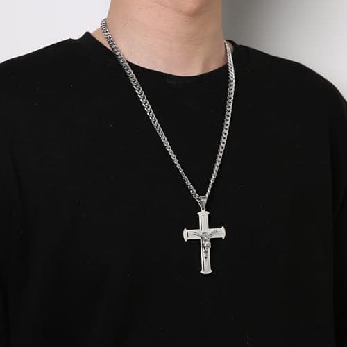 HZMAN Large Stainless Steel Crucifix Necklace for Men Christian Jewelry Gift