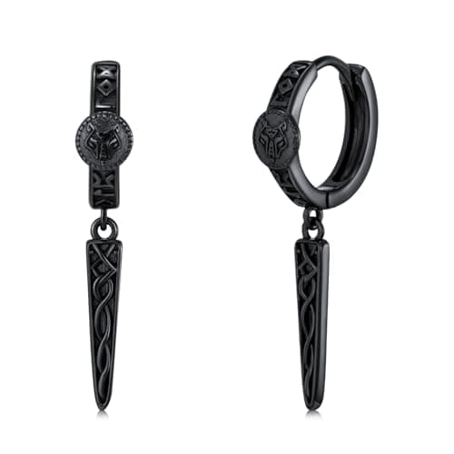 YYmqmq Gothic Punk Black Viking Runes Spike Earrings for Man 925 Silver