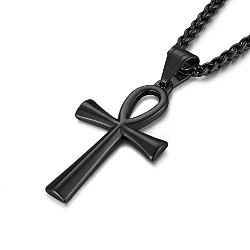 HZMAN Stainless Steel Coptic Ankh Cross Pendant Necklace, 22+2 Rope Chain