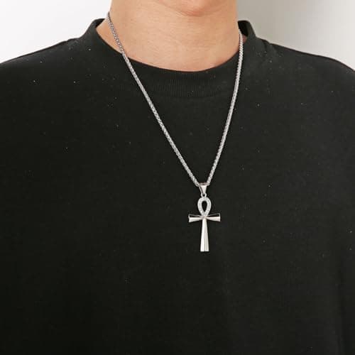 HZMAN Stainless Steel Coptic Ankh Cross Pendant Necklace, 22+2 Rope Chain