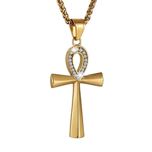HZMAN Stainless Steel Coptic Ankh Cross Pendant Necklace, 22+2 Rope Chain