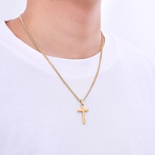 Fiusem Gold Plated Cross Necklace, 3.5mm Cuban Chain, 16-24 Inches