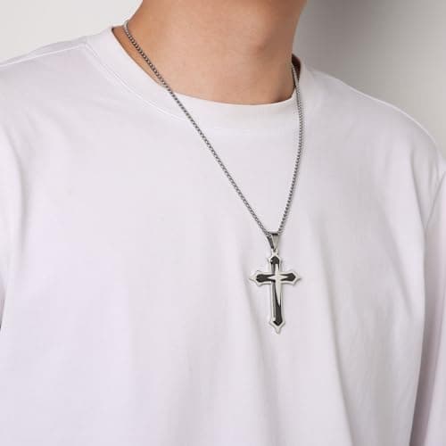 HZMAN Men's High Polished Stainless Steel Multilayer Cross Necklace with 24Inch Chain