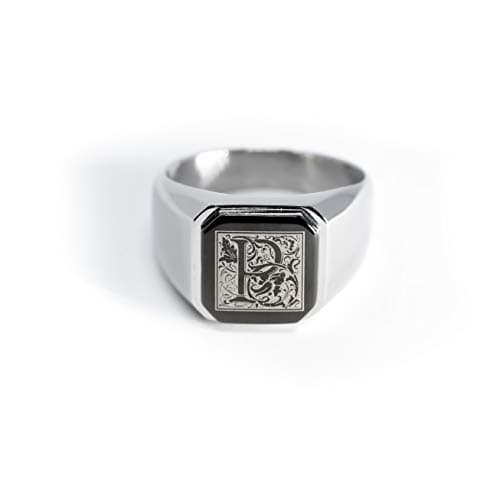 Tioneer Stainless Steel Letter Ring | Square Flat Top Men's & Women's Jewelry (Black, Gold, Silver) Size 7-16
