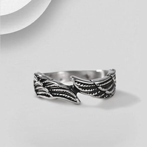 TIGRADE Antique Stainless Steel Feather Angel Wing Ring, Black Silver Band, Size 4.5-14.5