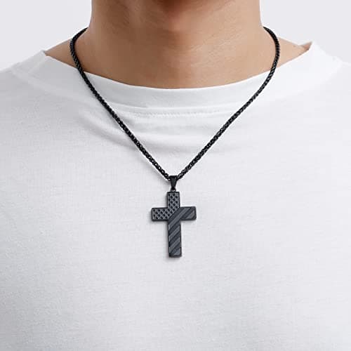 DuoDiner Graduation Gift: 18+2 Inch Cross Necklace with Bible Verse & American Flag Pendant for Men & Boys