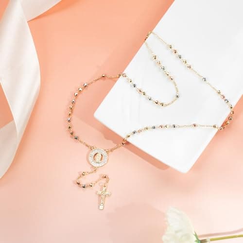 HZMAN 14K Gold Plated Virgin Mary & St. Benedict Rosary Necklace - Dainty Christian Jewelry Gift for Women
