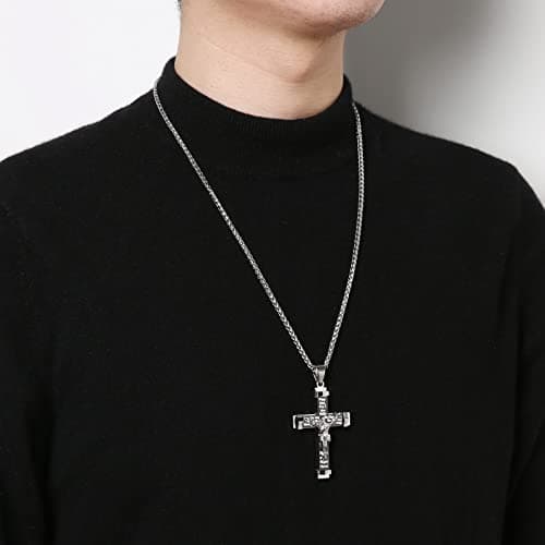 HZMAN Men's Crucifix Stainless Steel Cross with Lord's Prayer Pendant Necklace, 20" 24" 28" Chain