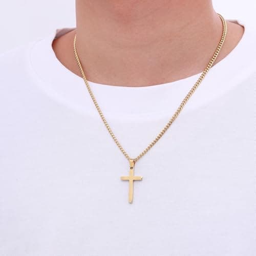 Fiusem Gold Plated Cross Necklace, 3.5mm Cuban Chain, 16-24 Inches