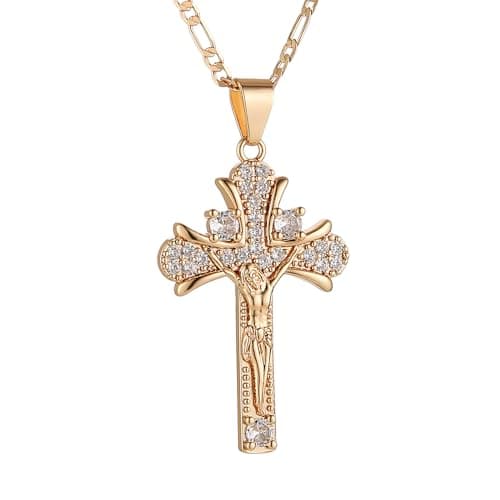 HZMAN 14K Rose Gold Plated Cubic Zirconia Cross Pendant Faith Jewelry for Men & Women