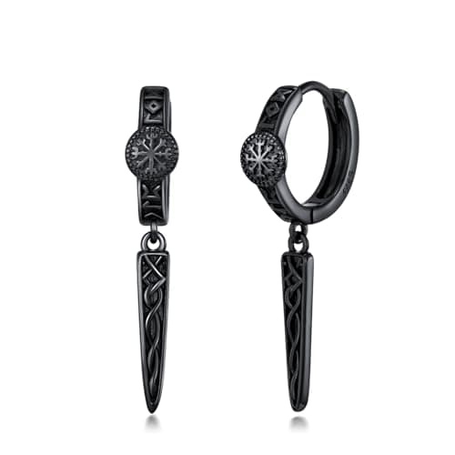 YYmqmq Gothic Punk Black Viking Runes Spike Earrings for Man 925 Silver