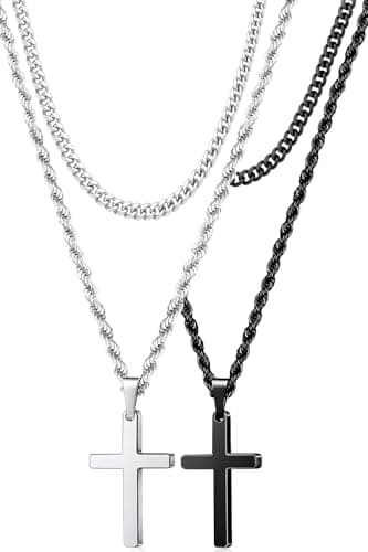 Romass Men's Silver & Black Layered Cross Necklace, Stainless Steel Pendant 18-24 Inches