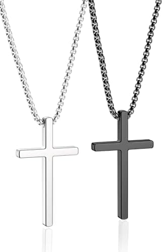Romass Men's Stainless Steel Silver & Black Cross Necklace 16-30 inches
