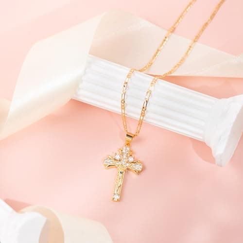HZMAN 14K Rose Gold Plated Cubic Zirconia Cross Pendant Faith Jewelry for Men & Women