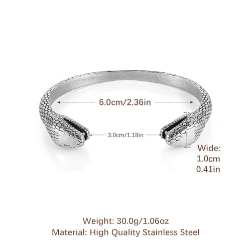HZMAN Snake Cuff Bracelet for Men - Gothic Punk Stainless Steel Double Snake Heads Biker Bracelet
