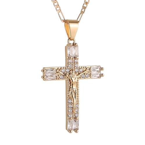 HZMAN 14K Rose Gold Plated Cubic Zirconia Cross Pendant Faith Jewelry for Men & Women