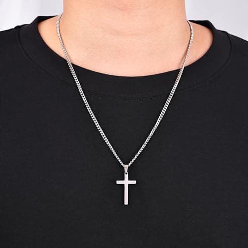 Fiusem Men's Silver Tone Cross Necklace, 3.5mm Chain, Stainless Steel Pendant, 16-24 Inches