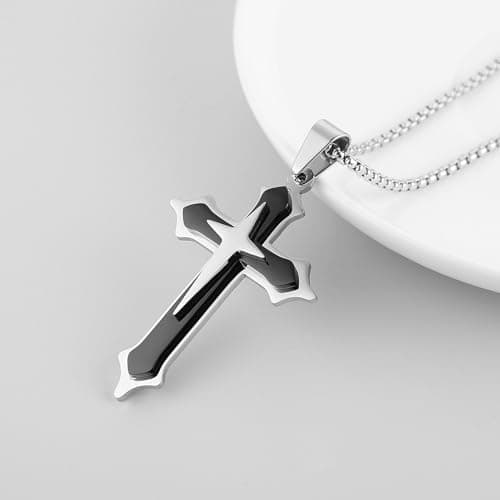 HZMAN Men's High Polished Stainless Steel Multilayer Cross Necklace with 24Inch Chain