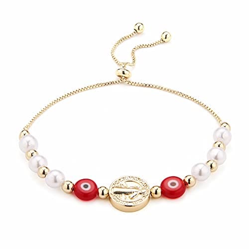 HZMAN Evil Eye Bracelet for Women Girls 14K Gold Plated Saint Benedict Medal Retro Blue Eye Bead Protection Stretch Bracelet