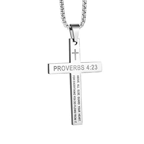 Stainless Steel Proverbs 4:23 Cross Pendant Necklace Black Gold Silver Chain