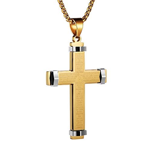 Cross Necklace Pendant Lord's Prayer Stainless Steel Men's Large