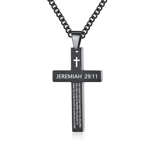 REVEMCN Men's Black Silver Stainless Steel Cross Necklace Faith Jewelry