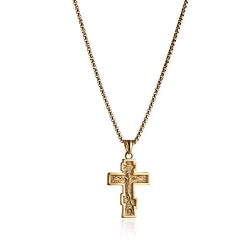 Vintage Stainless Steel Cross Pendant Necklace, Silver Gold Black Color Options, 22+2 Inches Chain