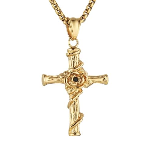 HZMAN Stainless Steel Rose Cross Necklace - Gothic Pendant Birthday Gift