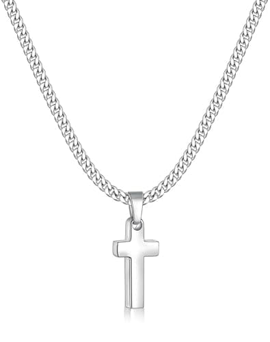 Fiusem Men's Silver Tone Cross Necklace, 3.5mm Chain, Stainless Steel Pendant, 16-24 Inches