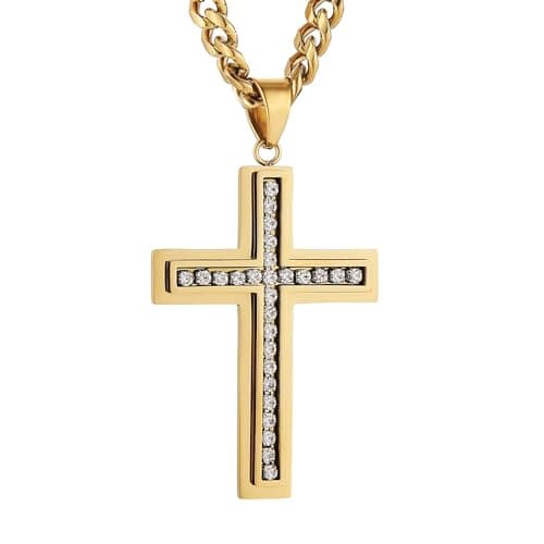 Men's Stainless Steel Cross Pendant Necklace with Cubic Zirconia Inlay and Cuban Chain