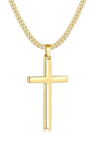 Fiusem Gold Plated Cross Necklace, 3.5mm Cuban Chain, 16-24 Inches