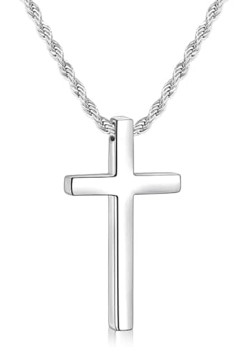 Fiusem Men's Stainless Steel Cross Necklace, 2.5mm Rope Chain, 16-28 inches