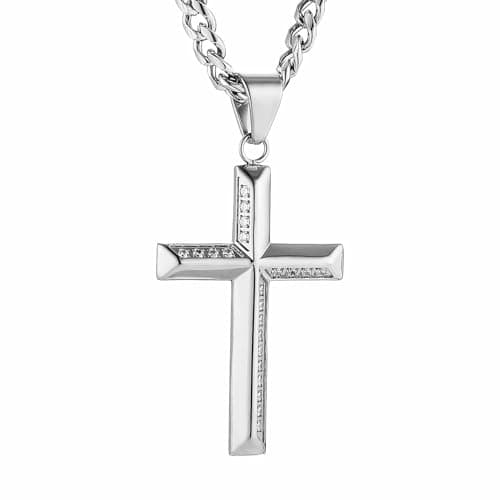 Stainless Steel Cross Necklace for Men with Cubic Zirconia Inlay and Cuban Chain