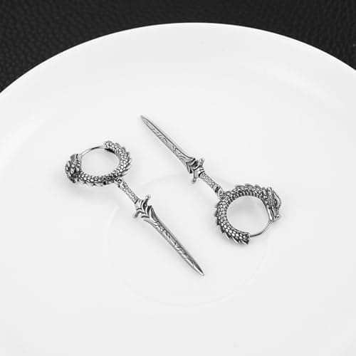 HZMAN Men's Gothic Punk Stainless Steel Dragon Knight Earrings Hinged Hoop Jewelry