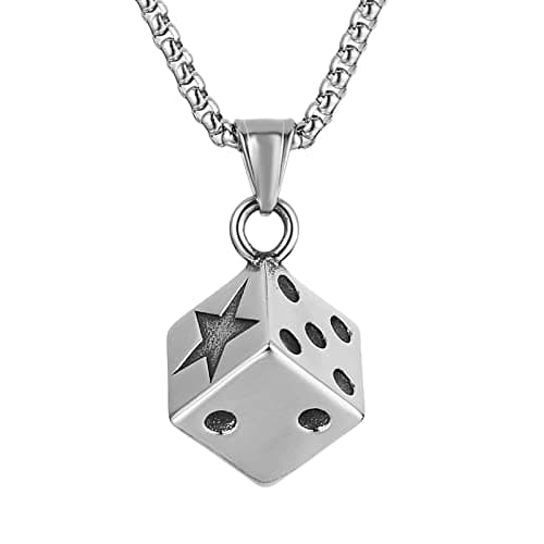 HZMAN Men's Dice Stainless Steel Gothic Pendant, Lucky Jewelry (Silver)