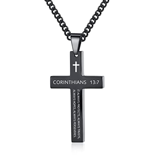 REVEMCN Men's Black Silver Stainless Steel Cross Necklace Faith Jewelry