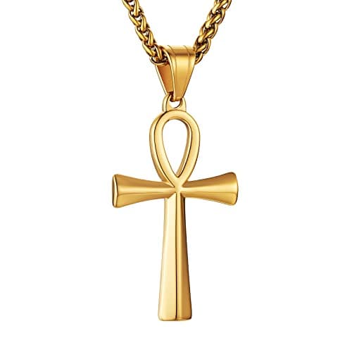 HZMAN Stainless Steel Coptic Ankh Cross Pendant Necklace, 22+2 Rope Chain