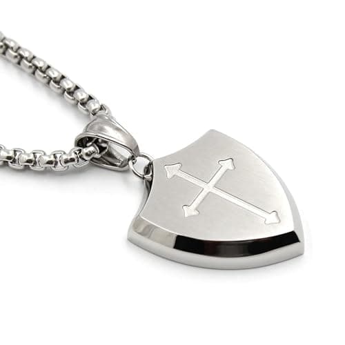 Mens Cross Necklace Shield Armor of God Pendant with Joshua 1:9 Verse in Stainless Steel